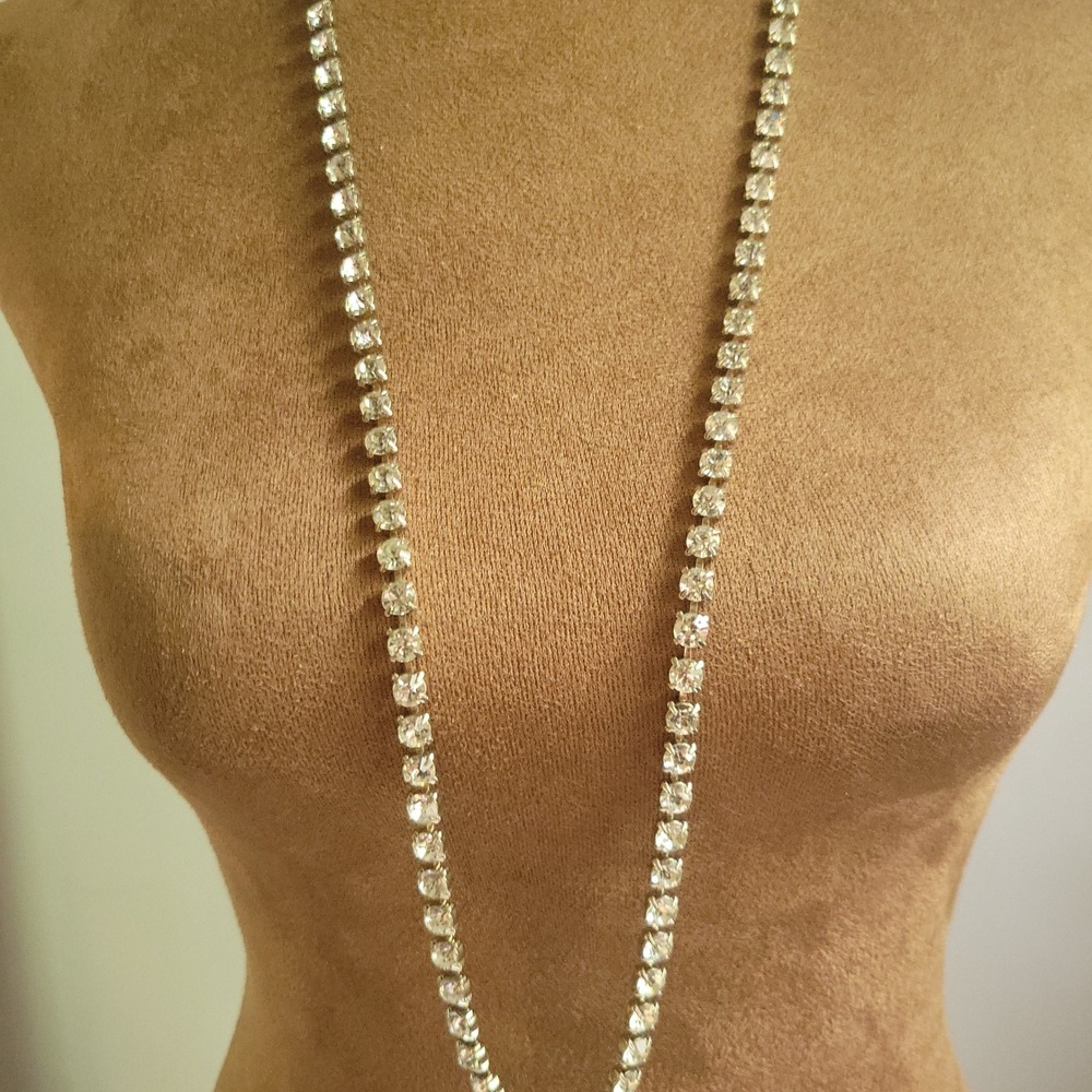 Vintage Silver Tone Long Rhinestone Tennis Necklace 36 Inch Glam